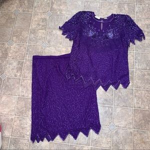 Vintage Purple Silk Beaded 2-Piece Set Formal Denise Elle Med w/ Shoulder Pads